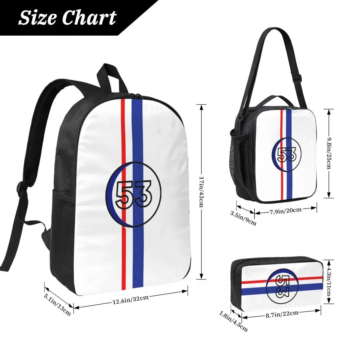Herbie Number 53 حقيبة ظهر للطلاب بنين بنات حقيبة كتب مدرسية حقيبة كمبيوتر محمول حقائب كتف 3ps معزول حقيبة الغداء مقلمة