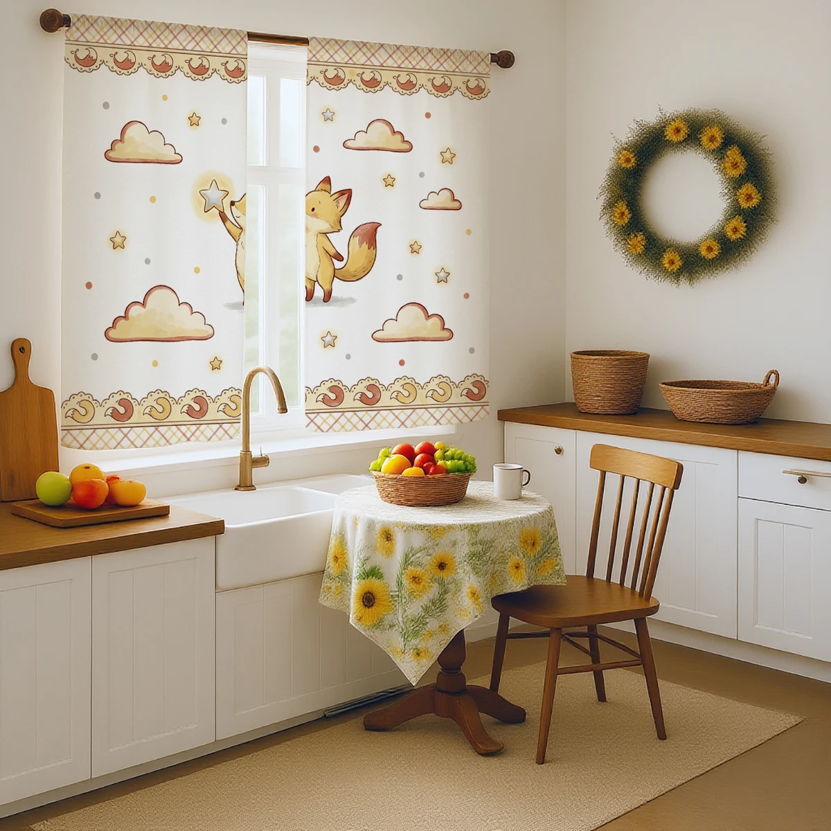 1 Peça Cortina de Cozinha com Estampa de Raposa Fofa, com Bolso para Varão, Meia Cortina para Banheiro e Lavanderia (Conjunto de 2)