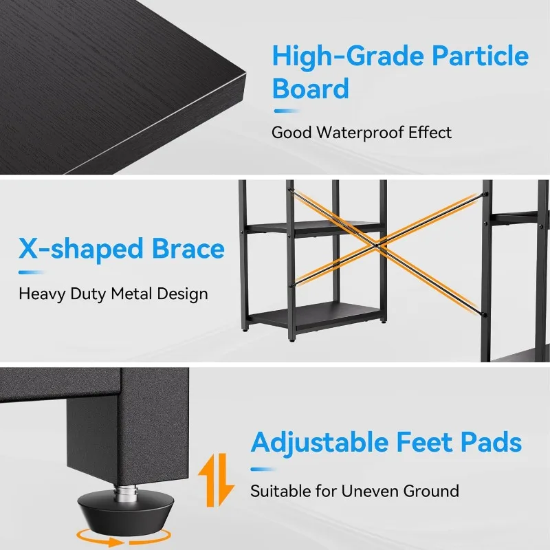 보관 선반이 있는 사무실 책상, 모니터 스탠드가 있는 63인치 컴퓨터 책상, 연구, 글쓰기, 게임용 CPU 스탠드 포함, 검정색