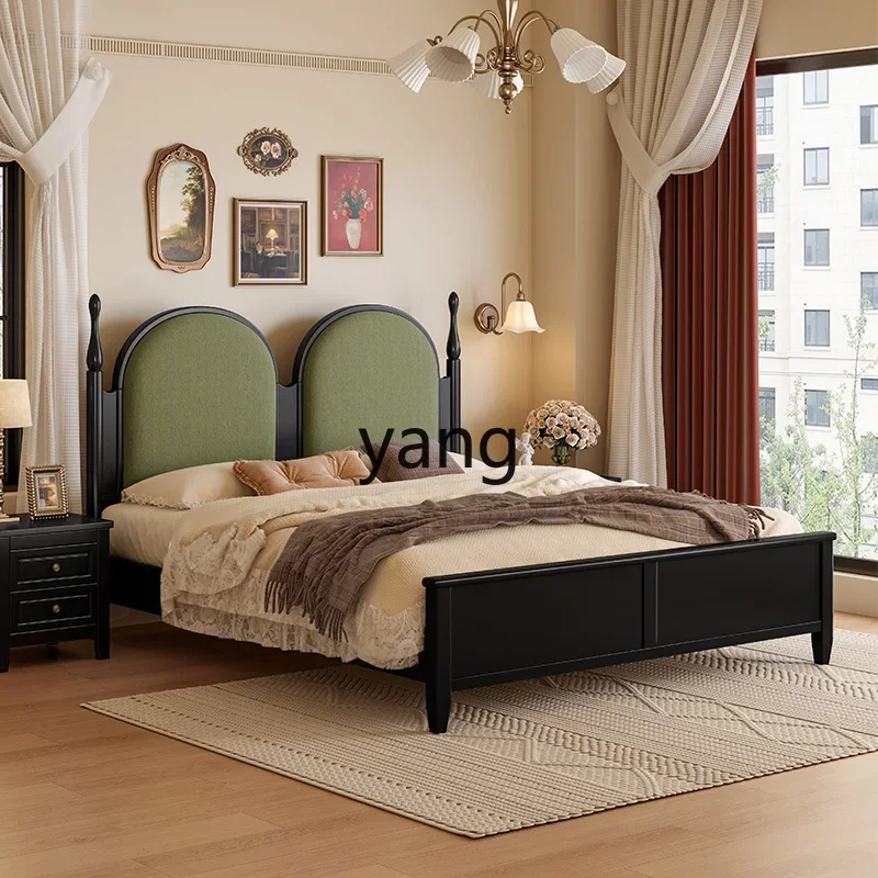 LH master bedroom high-end atmospheric double bed black solid wood bed medium antique soft bag bed