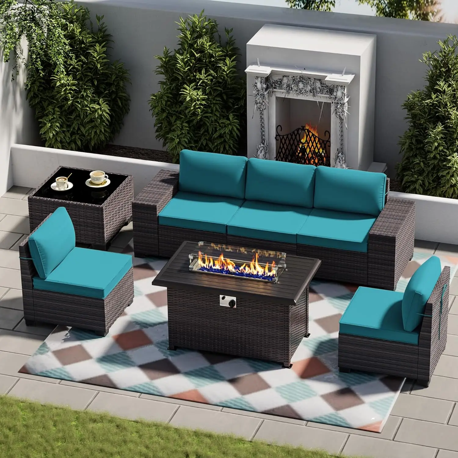 

Outdoor Patio Furniture Set with Fire Pit, Wicker Rattan Outdoor Sofa , Patio Set w/Tempered Glass Top Table&Gas Fire Pit