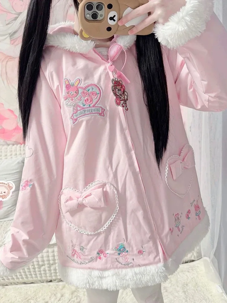 

Куртка с вышивкой Sweet Lolita для девочек в японском стиле, осенняя куртка на флисовой подкладке и утолщенный теплый топ с капюшоном на хлопковой подкладке