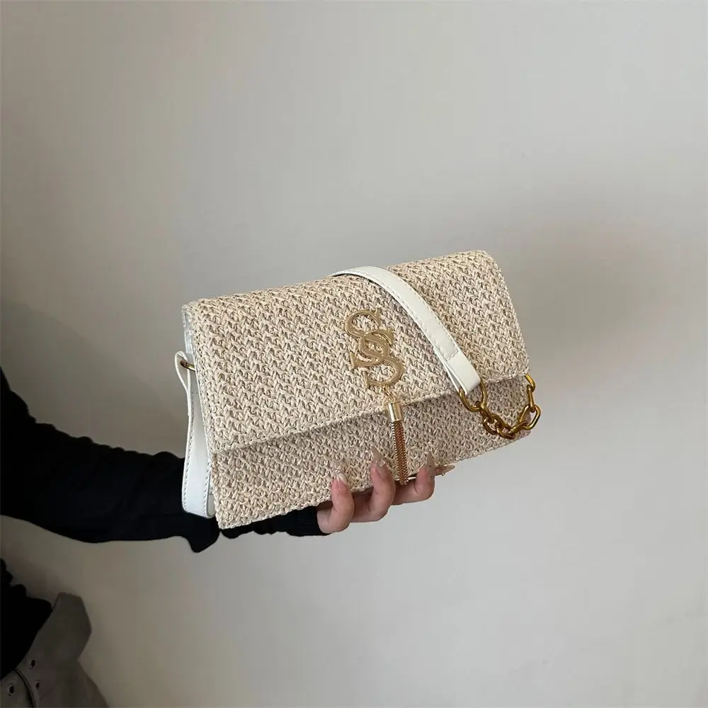 Fashion Chain Straw Bag Woven Rattan Handbag Large Capacity Handmade Braid Tote Bag for Women Girls