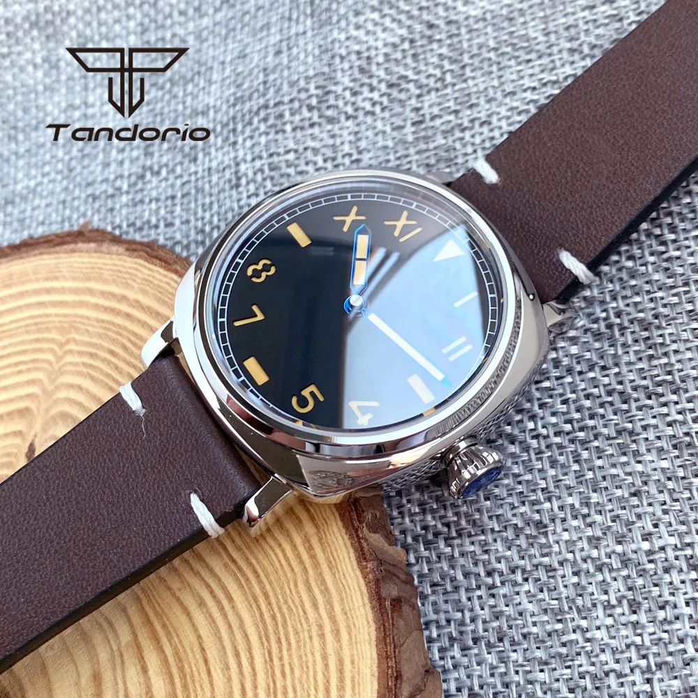 Tandorio 42mm NH35A Square Polished 20ATM Men\'s Dive Automatic Watch Sapphire Crystal California Dial Screw Crown Leather Band