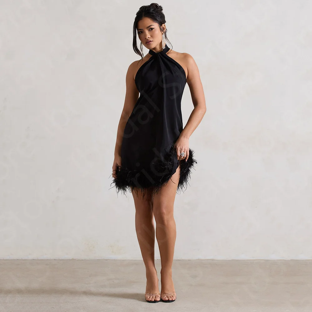 

Modern Feather Gowns Black Homecoming Dresses 2024 Mini Length Cocktail Party Dresses Halter Neck Wedding Guest Gowns Bare Back