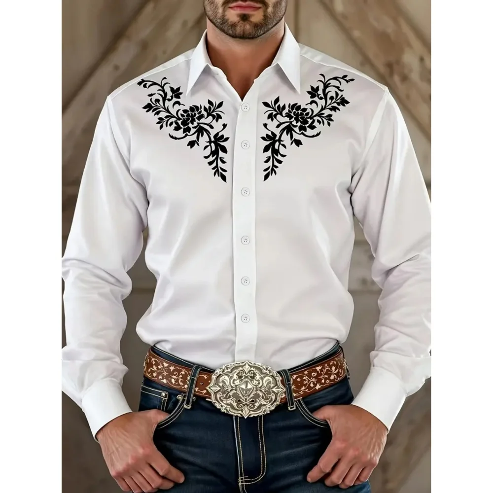 

Men's Floral Art Print Ethnic Style Shirt Black Western Cowboy Shirt Long-Sleeved Classic Style Beach Collar Shirt Stylish Shirt