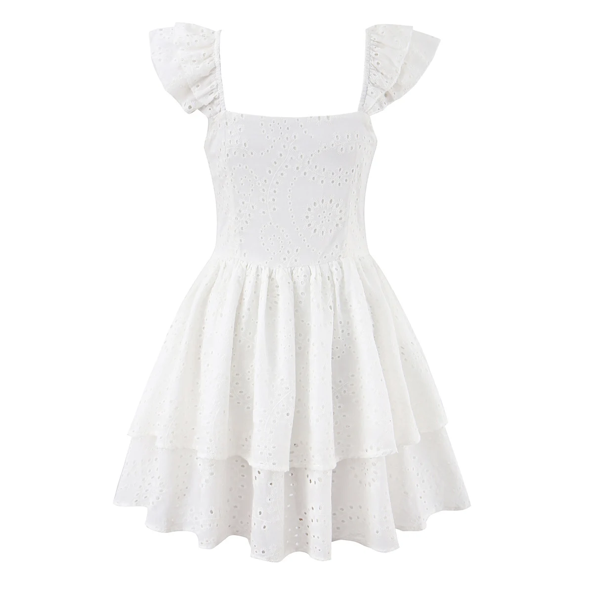 Sexy Wit Borduren Kant Pad Beha Corset stijl Houten oren Band Mini Tank Jurk Vrouwen 2 Lagen Ruches Swing Jurken Vestidos