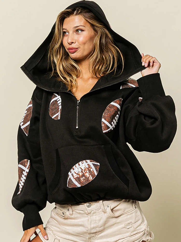 Rugby Sequin Hoodies Sweatshirts Female Zipper Drawstring Long-sleeve Pullover Top Jacket Loose Casual Street Women Clothing