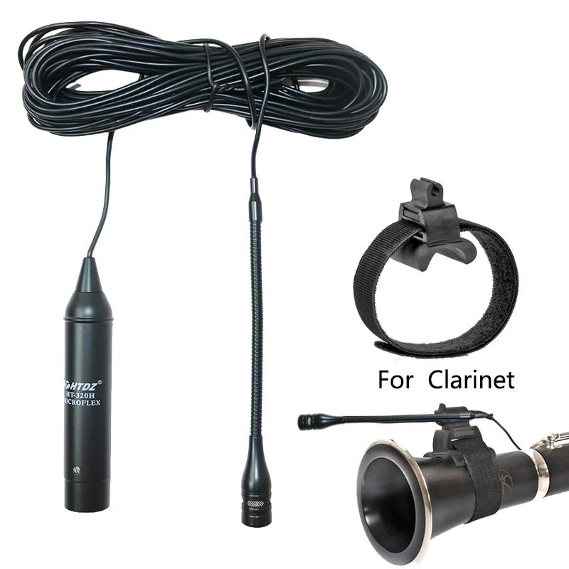 Flute and Clarinet Clip-On Musical Instrument Microphone Cardioid Condenser Gooseneck Mike XLR Phantom Power Input with 10M Wire