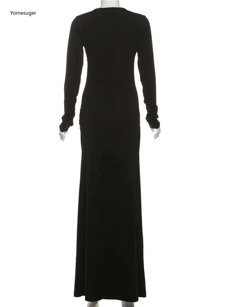 Elegancka sukienka maxi Yomesugar z żakardową koronką, czarna, damska, seksowna, z wycięciem na biuście, marszczona, obcisła, wieczorowa, na studniówkę, imprezę, do klubu.