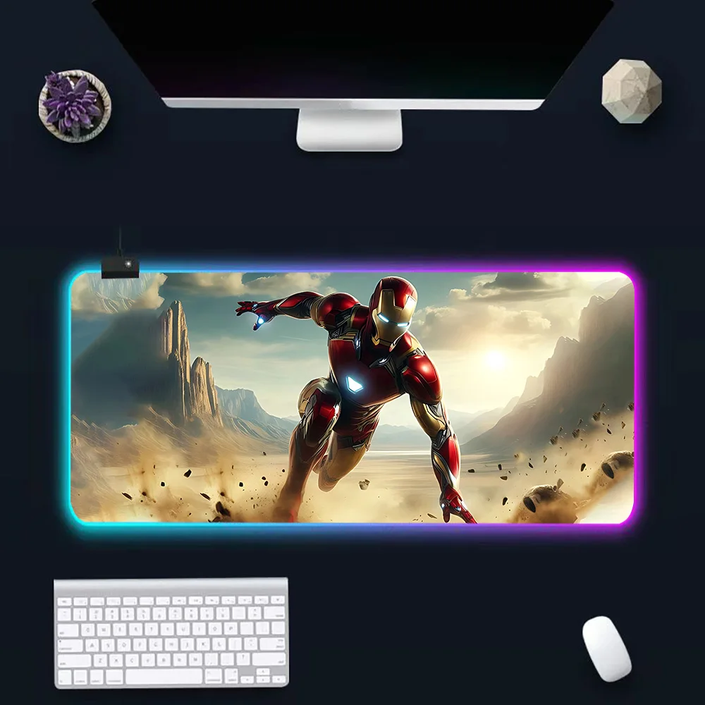 Homem de ferro RGB LED Glowing Mouse Pad, Teclado PC Gamer Mousepad, Borracha Gaming Computer Mausepad