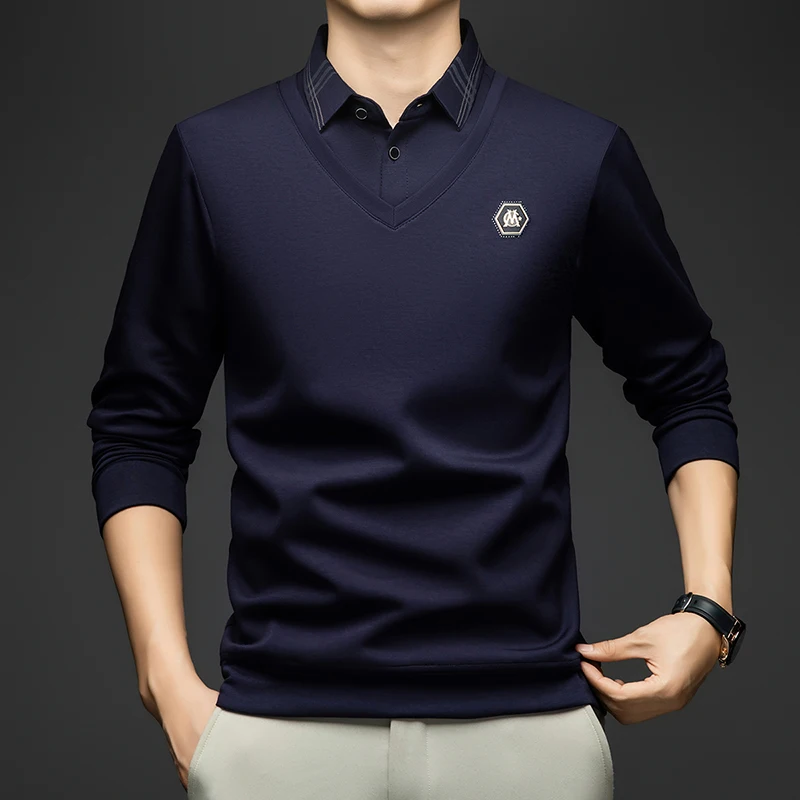 

BROWON 2025: весна-осень, Новое поступление, роскошная мужская футболка с длинным рукавом, искусственный воротник из двух предметов, деловая мужская футболка, топы, футболки