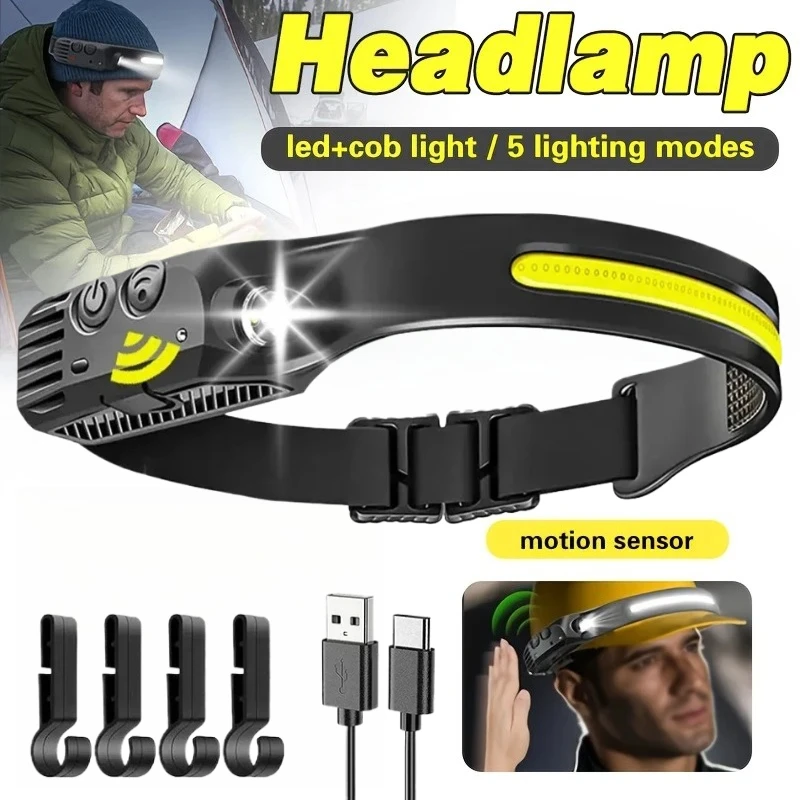 

Super Bright Motion Sensor COB LED Headlamp USB Rechargeable Waterproof Head Flashlight for Mining Construction Camping Fishing