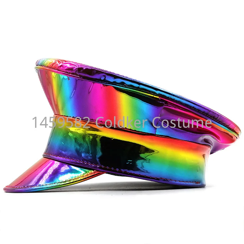 Women Men PU Leather Captain Cap Rainbow Laser Patent Leather Military Hat Prom Performance Bar Cosplay Show Hat Beret Cap