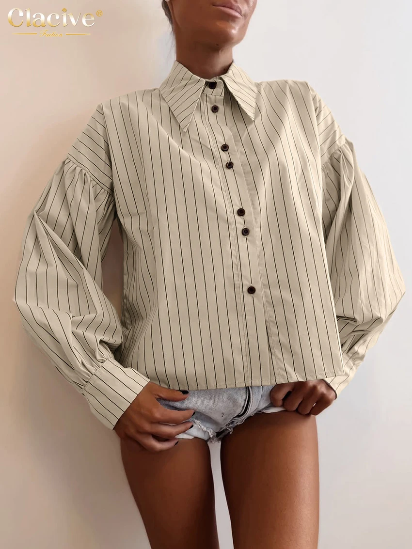 

Clacive Fashion Loose White Stripe Cotton Women's Blouse Autumn Lapel Long Sleeve Lady Shirt Elegant Classic Top Female Clothing