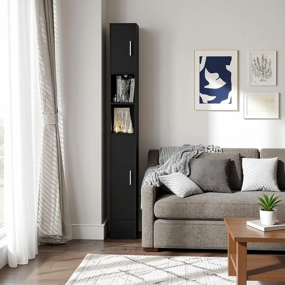 

Высокий узкий шкаф для хранения 72 дюйма для небольших помещений, 2 регулируемые полки, черный