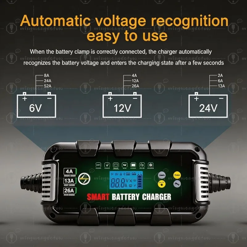 26A Smart Car Battery Charger 12V High Power for AGM Lead-Acid & Lithium Batteries