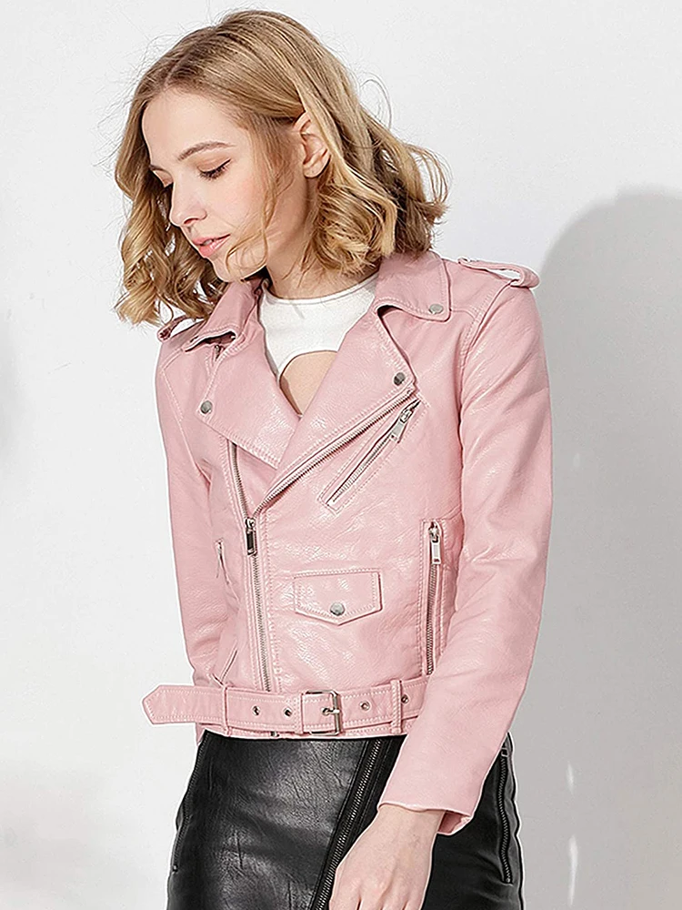 Fitaylor Women Faux PU Leather Jacket Female Motorcycle Leather Coat Casual Lady Lapel Zipper Jacket