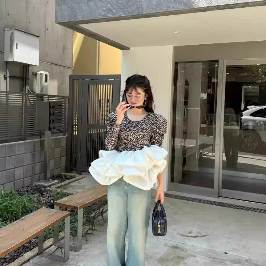 Leopardo impressão topos primavera 2025 outono estilo japonês doce moda feminina manga longa topo da menina plissado retalhos bud camisetas