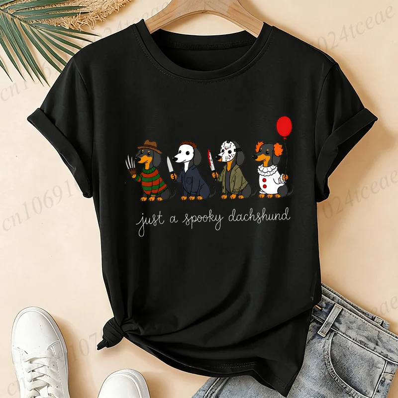 Streetwear 90s Women'S Casual Graphic T-Shirt Dachshund Halloween Print T Shirt Clothing Ghost Pumpkin Witch Vampire Top Tees