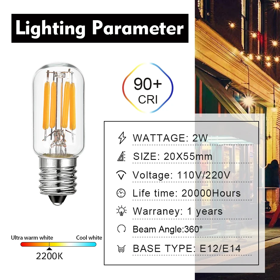 T20 e14 led lampe 2w dimmbare edison lampen e12 retro röhre mini nachtlichter 2200k kronleuchter röhrenförmige filament kühlschrank lampe