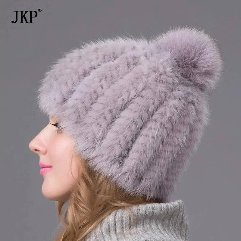 2024 New Fashion Winter Warm Hat Genuine Mink Fur Ball Cap With Copious Female Beanie Knit Cap and Liner 6 Colors BZ-11