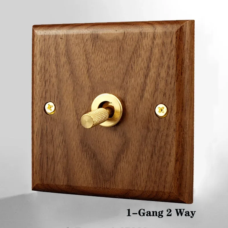 Wall Toggle Switch 2 Way Knurled Brass Lever Black Walnut Solid Wood Panel EU Socket with USB