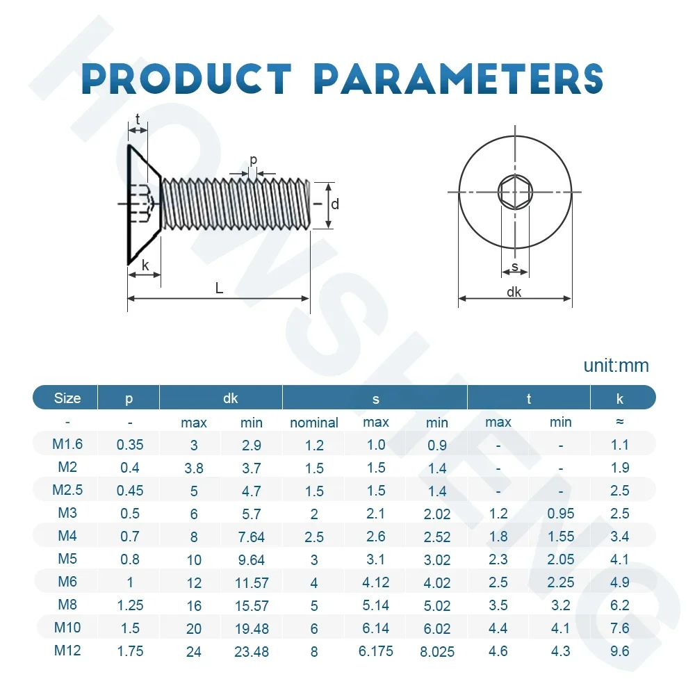 HOWSHENG 2-50szt Śruba z łbem sześciokątnym z gniazdem płaskim M1.6 M2 M2.5 M3 M4 M5 M6 M8 M10 M12 Śruby imbusowe ze stali węglowej Śruba maszynowa