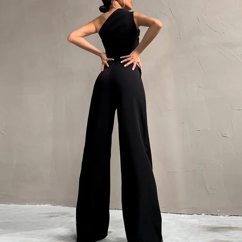 Fashion Casual High Street Slim Solid Jumpsuits Women Sexy Skew Collar Backless Jumpsuit Spring Summer Sleeveless Lace-Up Romper