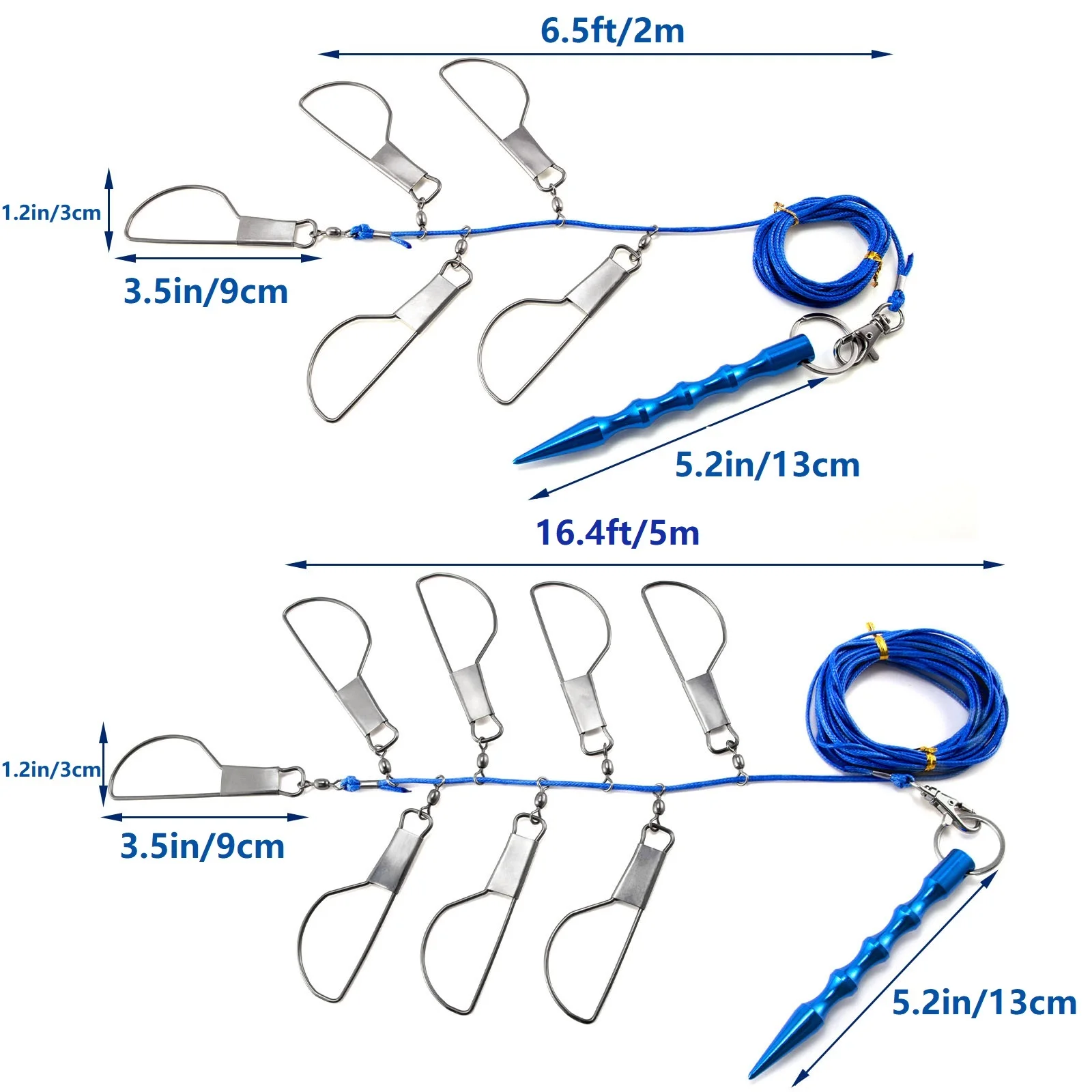 2m/5m Fishing Stringer with Stainless Steel Swivels Snaps Lock Fish Buckle Heavy Duty Ground Spike for Trout Bass Salmon Walleye