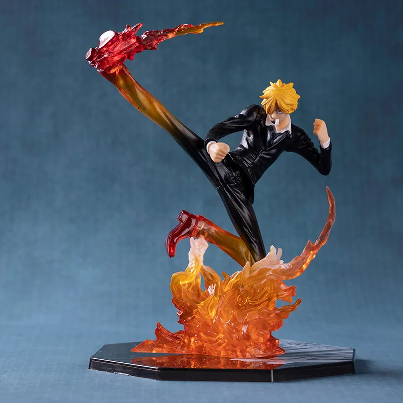 16cm Anime One Piece Sanji rzeźba czarna noga ogień bitwa wersja pcv kolekcjonerska Onepiece Model postaci zabawek dla dzieci