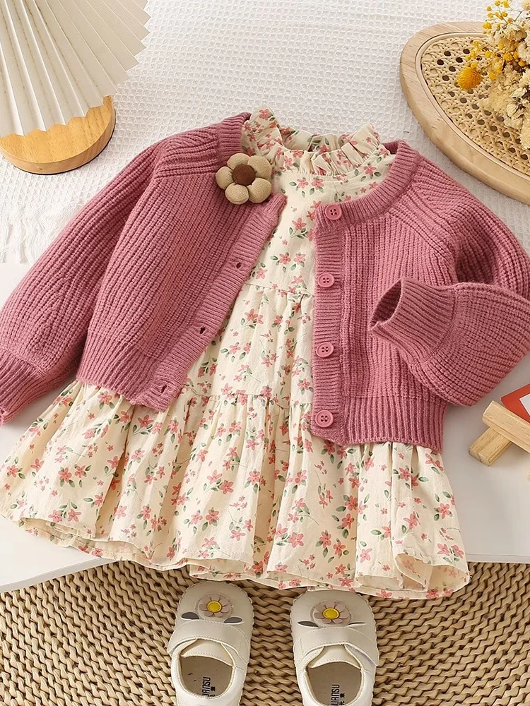 

Trendy Floral Print Sweater Coat Two-Piece Set for Little Girls Sweet Stylish Autumn Outfit round Neck Other Material 100%