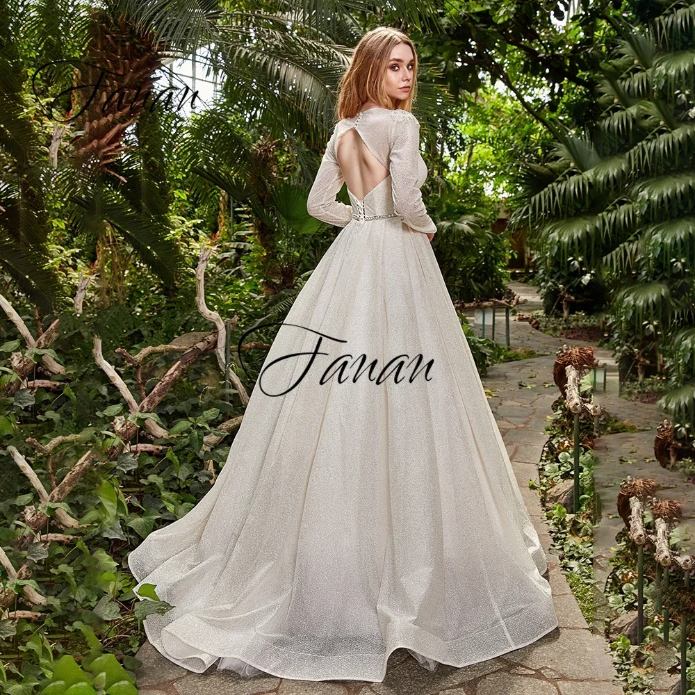 Gaun Pengantin V-Neck Dalam Berkilauan Lengan Panjang A-Line Backless Panjang Selantai Gaun Pengantin Sederhana Robe De Soirée De Mariage