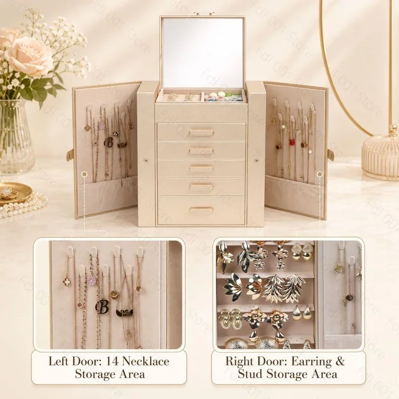 Luxury Large Capacity Jewelry Box with Mirror Drawer Type Earring Necklace Storage Organizer Elegant Durable for Home Use