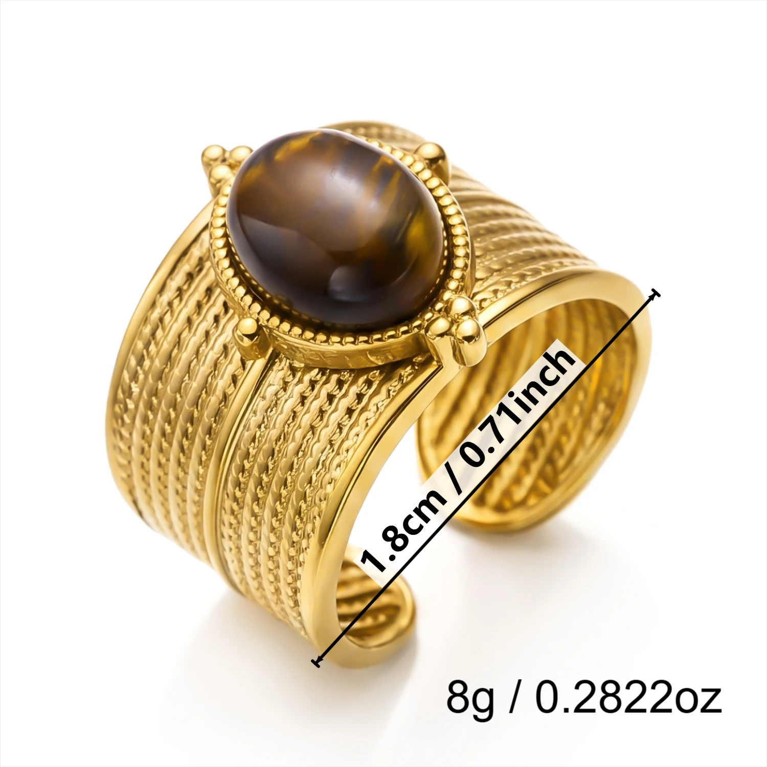 Retro Goldfarbener Unregelmäßiger Metallring für Damen und Herren Edelstahl Natürlicher Tigerauge Offener Ring Ästhetischer Dating-Schmuck – Detail 8