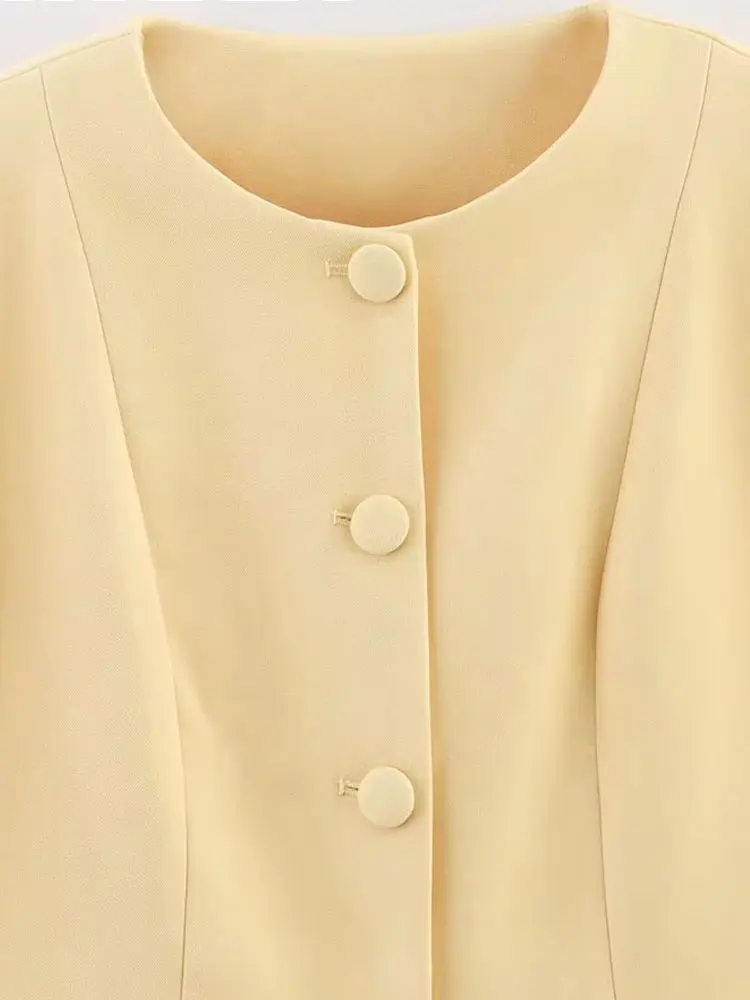 เสื้อเบลเซอร์สีเหลืองสำหรับผู้หญิงแฟชั่นฤดูใบไม้ร่วง แขนยาว คอทรงโอ กระดุมแถวเดียว สไตล์ลำลอง เหมาะสำหรับใส่ทำงาน ให้ลุคสง่างาม