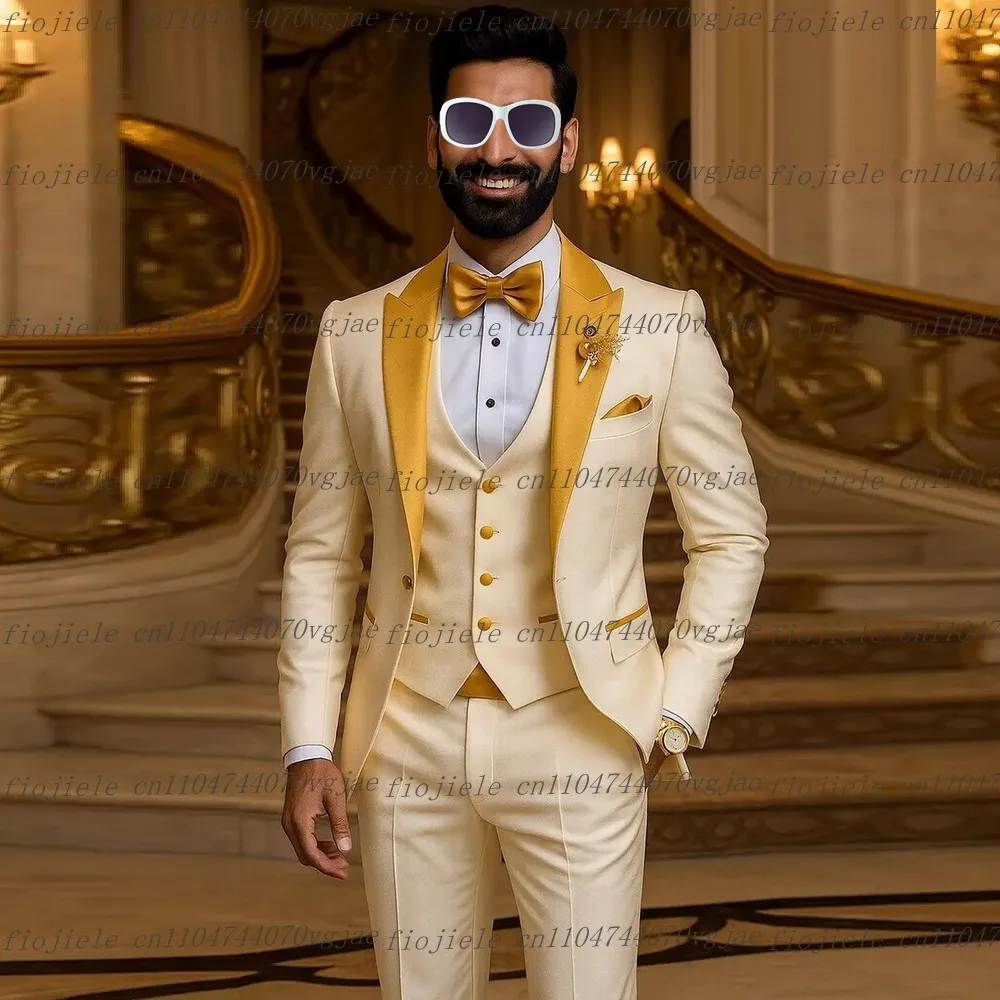 

Ivory And Yellow Men Suit Formal Wedding Party Groom Groomsman Business Male Tuxedos Customized 3 Piece Set Jacket Vest Pants