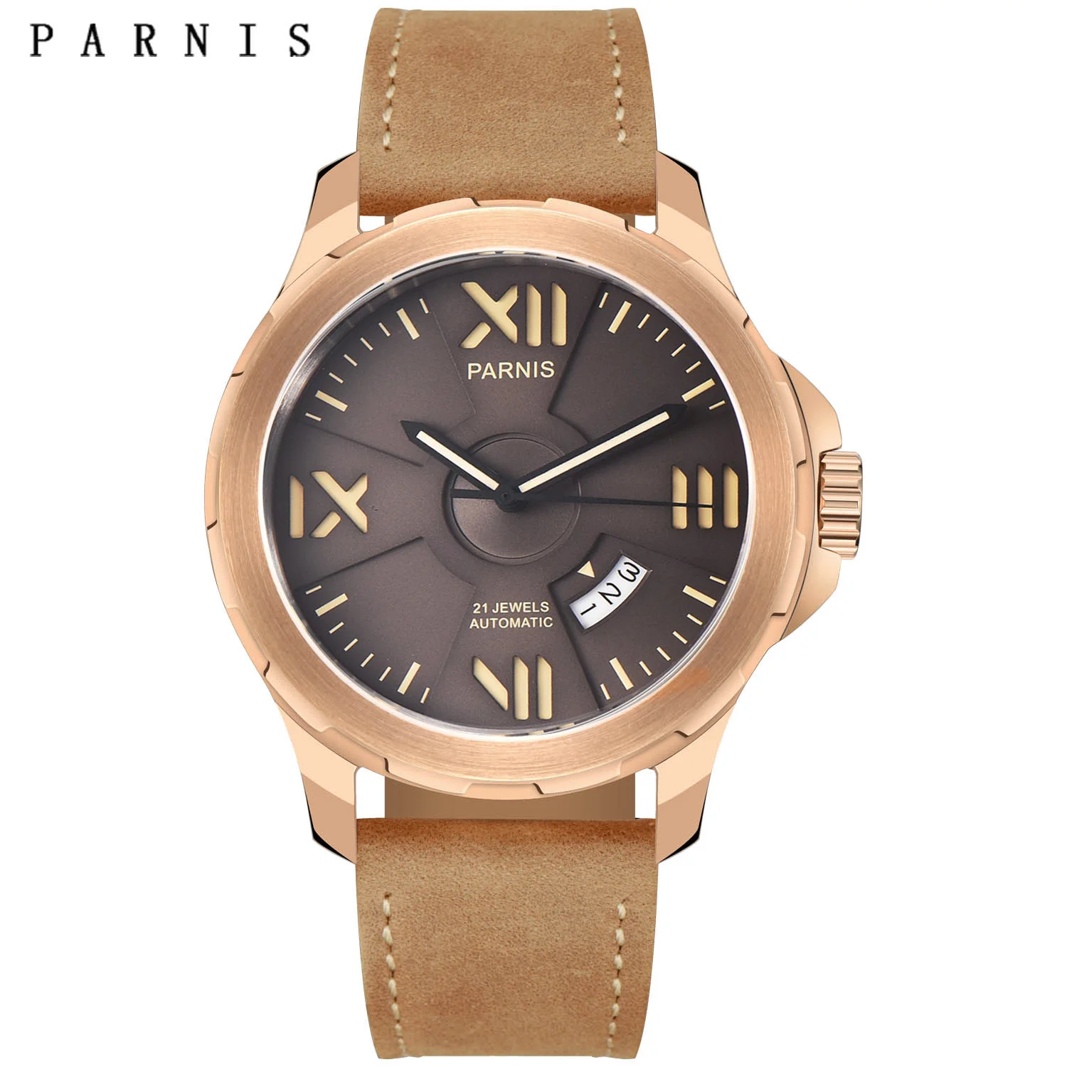 Fashion Parnis 44mm Silver Case Men's Automatic Mechanical Watches Roman Scale Sapphire Crystal Calendar Leather Strap Men Watch
