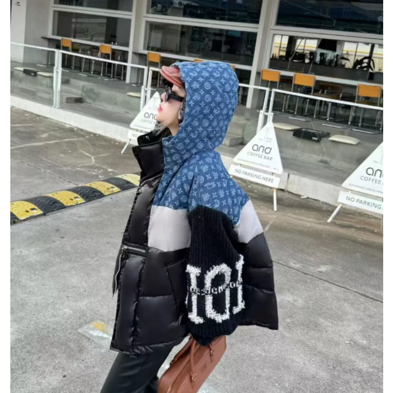 Women's Down Jacket Denim Splicing Hooded Knit Sleeve Letter Flower Fashion American Street Style Thick White Duck Down Jacket