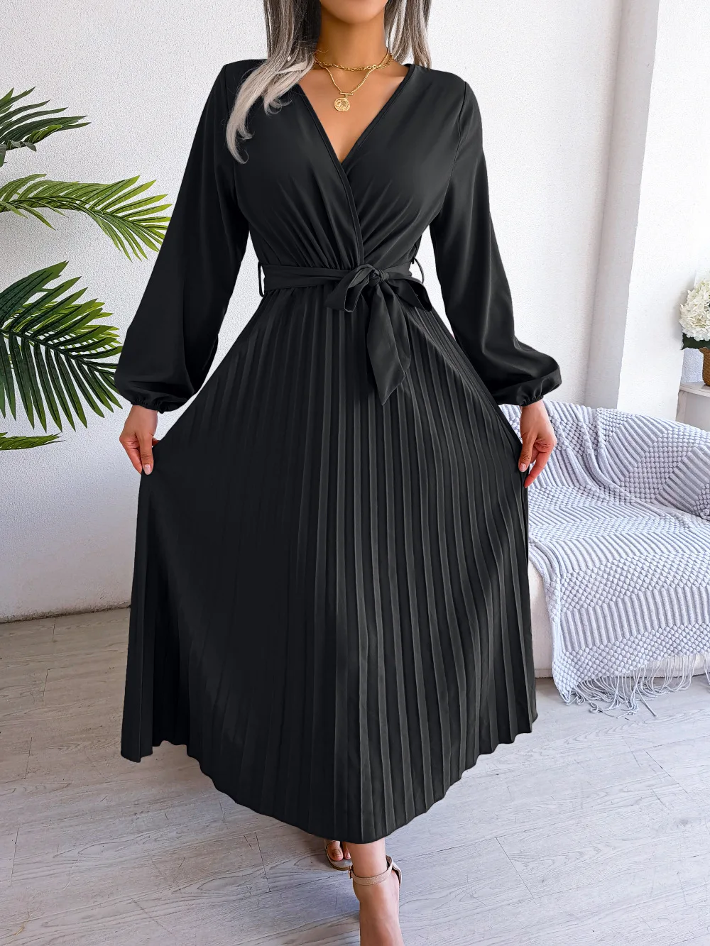 Ficusrong Women Spring Summer Cross Solid Color V Neck Large Hem Pleated Long Dress For Fashion