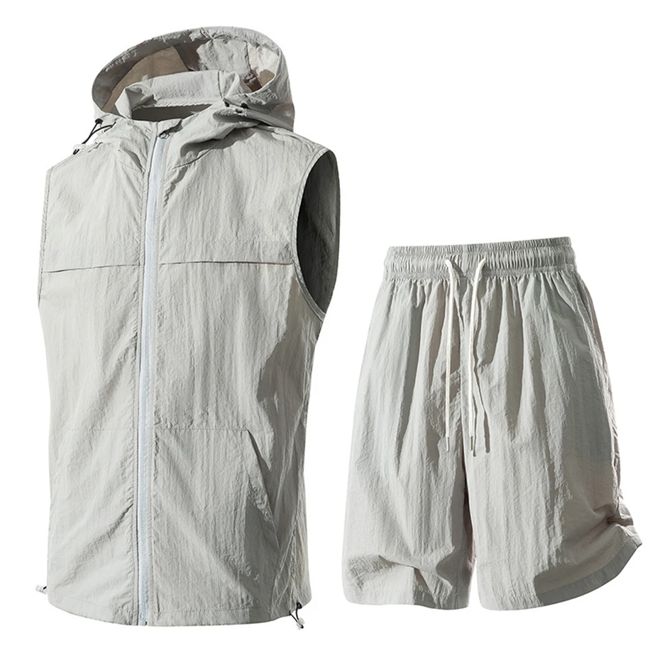 Summer Men's Sets Fashion Casual Quick Drying Breathable Vest Shorts Suits Male Sleeveless Jacket Shorts