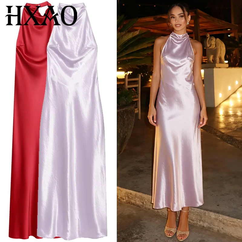 HXAO Satin Neckholder-Kleid Damenkleid Sommer 2026 Sexy Rot Lila Vestidos Elegante Partykleider Ärmellos Rückenfrei Abendkleid