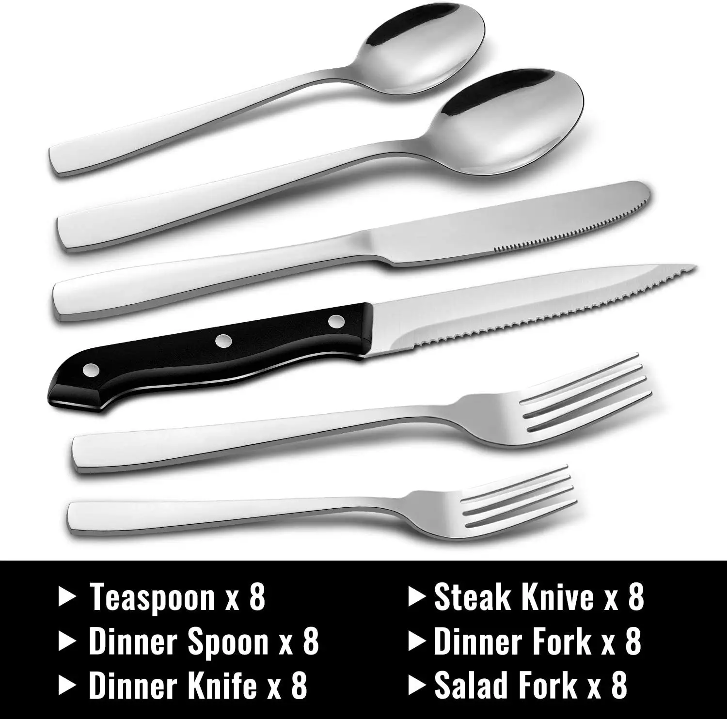 24/48Pcs Premium Stainless Steel Cutlery Set with Steak Knives Mirror Polished Flatware Tableware Set Silverware for 4/8 Persons Dishwasher Safe Dining Utensils for Home Kitchen Restaurant Hotel Party