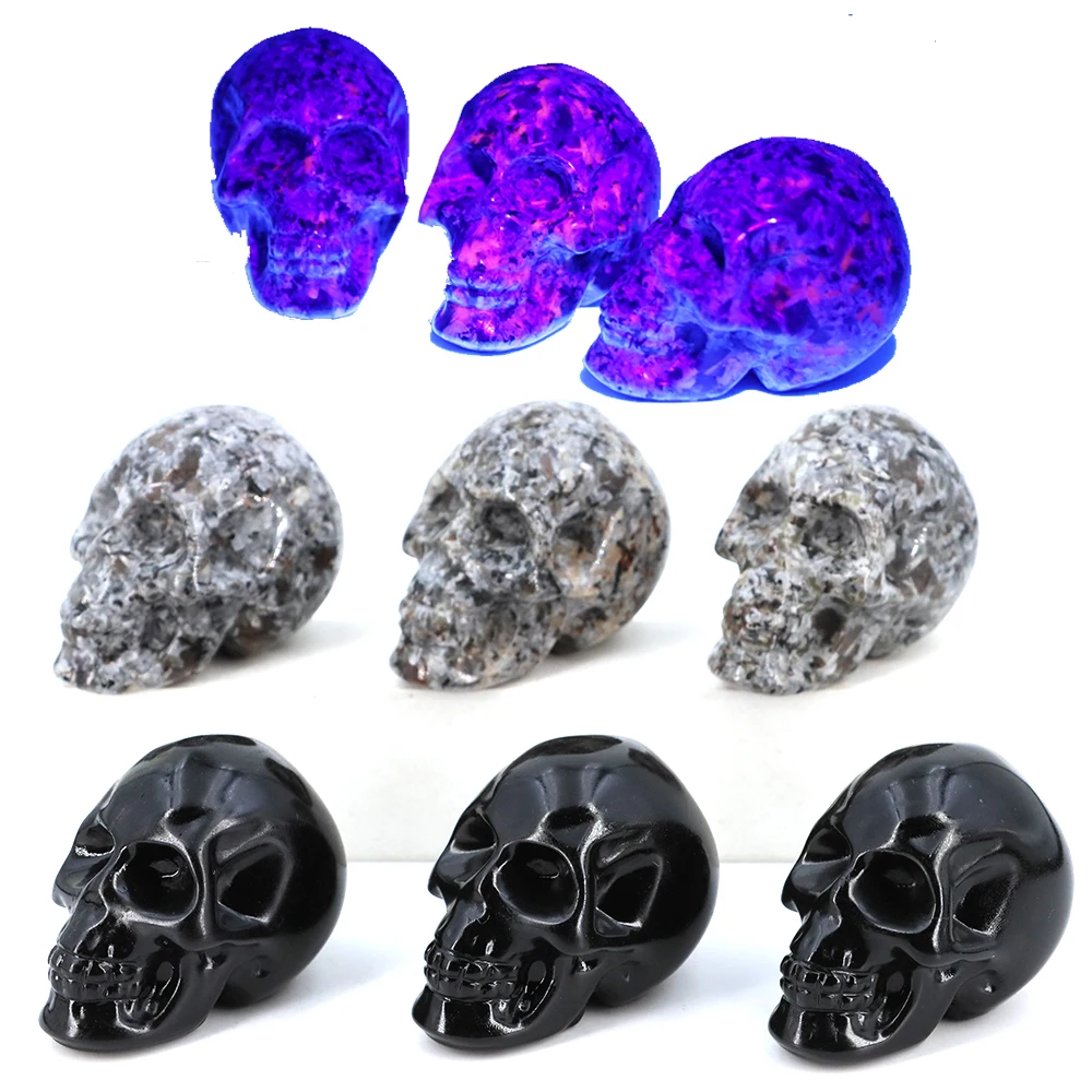 2‘’ Natural Yooperlite Stone Skull Statue Reiki Flame Stone Gemstone Healing Black Obsidian Figurine Home Decor Collection Gift