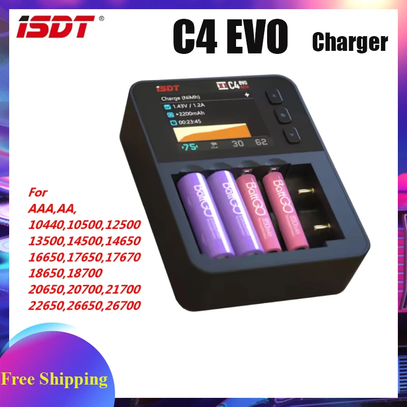 

ISDT C4 EVO Smart Battery Charger Type-C QC3.0 Output for AA AAA Li-ion IPS Display Screen and Fire Prevention