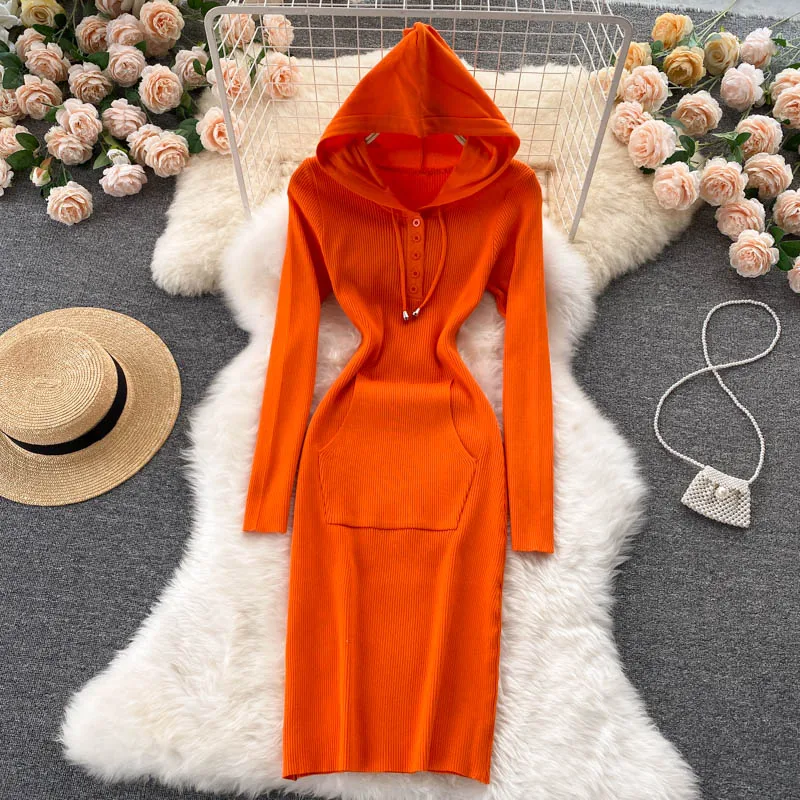 

Sexy Slim Hooded Pocket Knit Long Dress Women 2021 Fashion Simple Package Hip Dress Drawstring Bottomed Long Dress Vestido