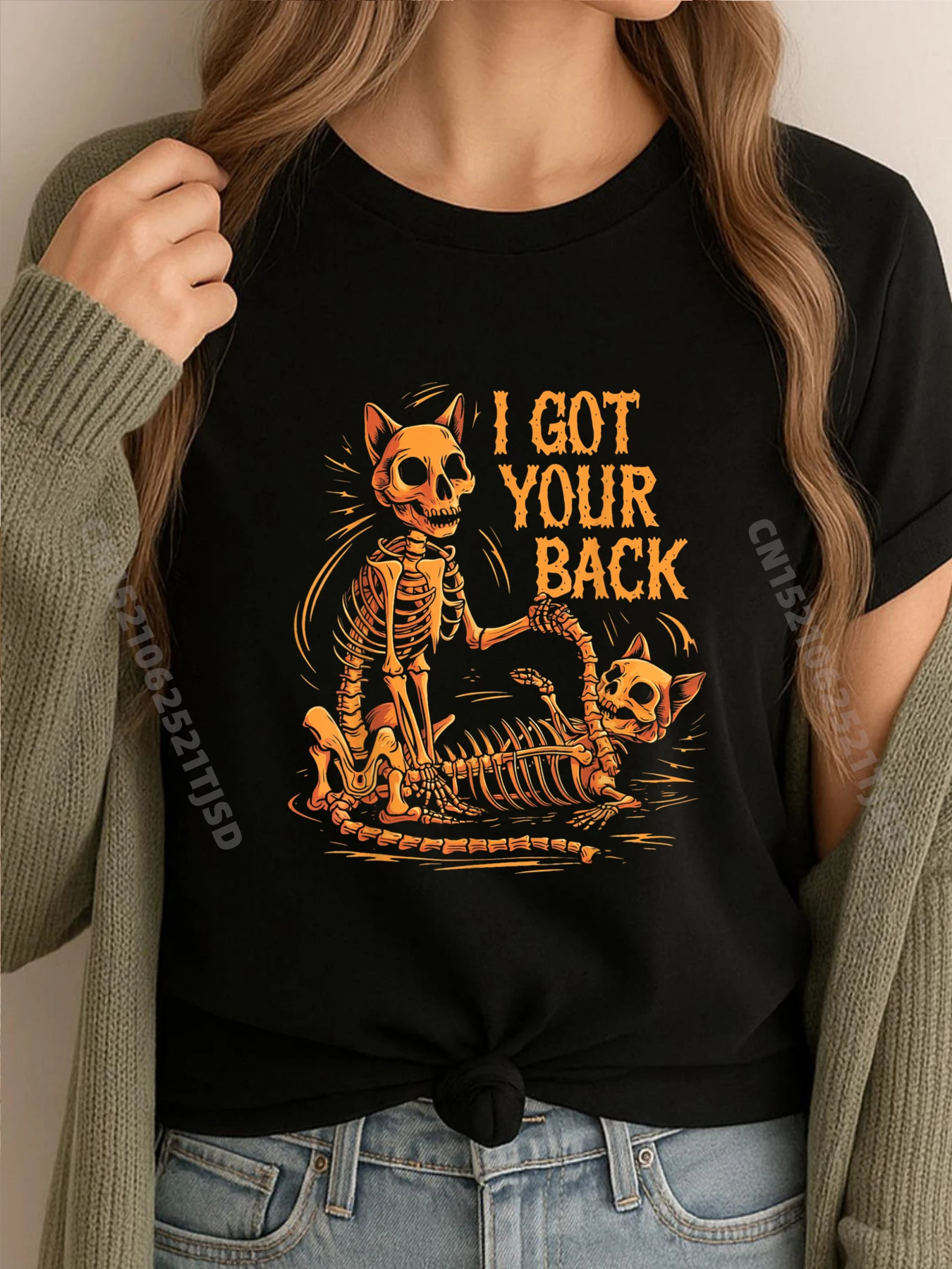 

I Got Your Back Funny Halloween Cat Skeleton Skull Sarcastic Funny T Shirts Woman Tshirt Washed Tops T Shirt Outdoor