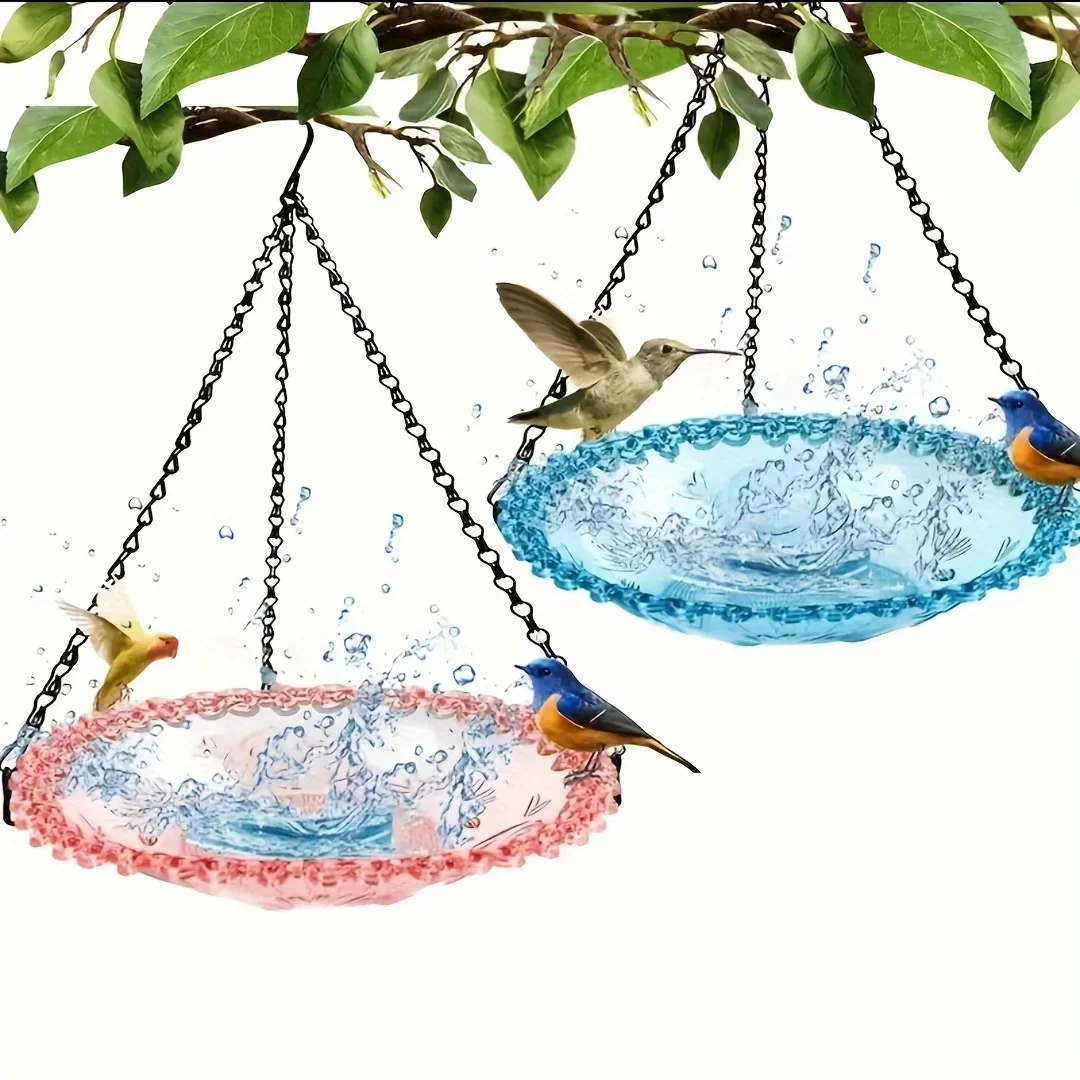 Hanging Bird Bath Feeder Set with Chain Outdoor Garden Patio Decor Floral Design PP Bird Water Dish Yard Bird Feeder Tool