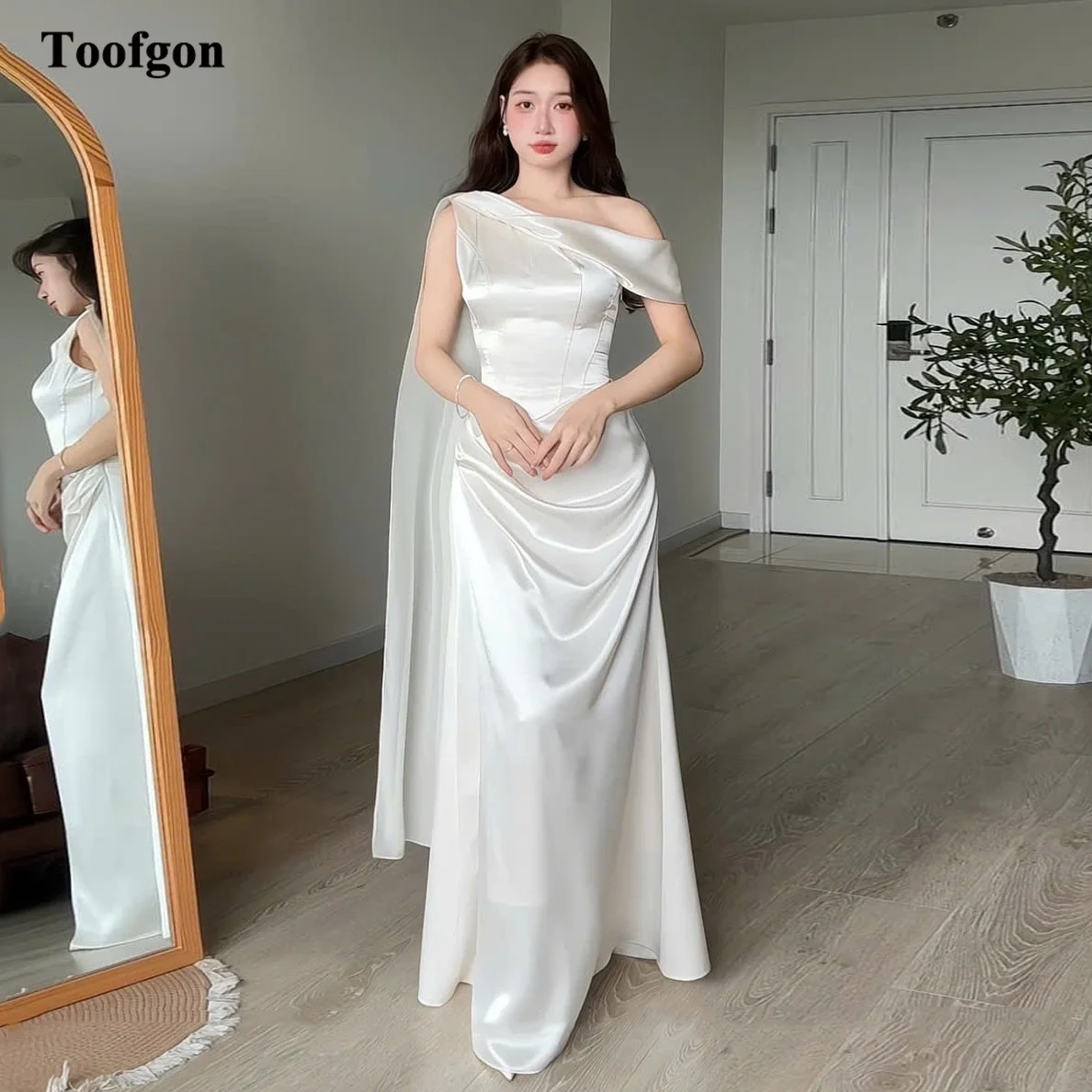 

Toofgon A Line Soft Satin Customized Wedding Dresses One Shoulder Korea Bride Dress Bridal Photography Formal Party Gowns 2026