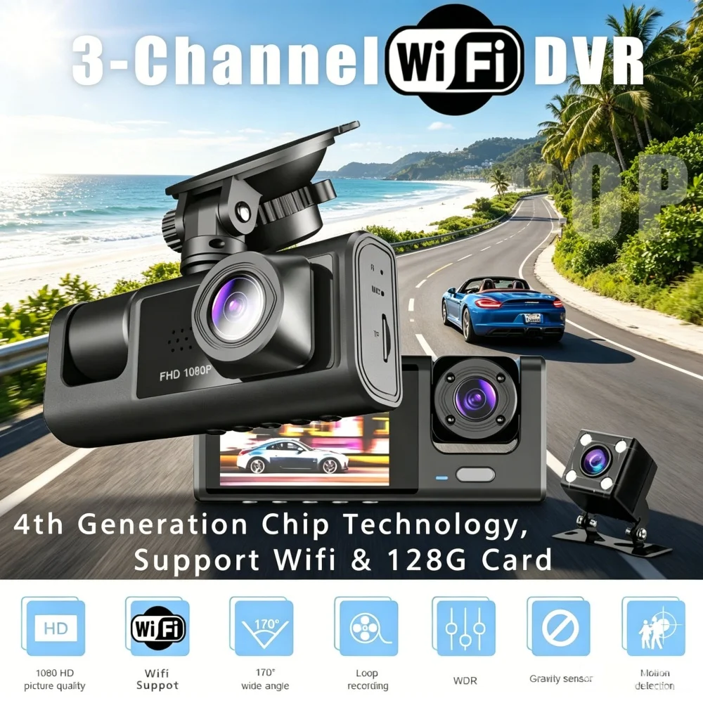 Dash Cam 1080P Full HD WiFi Front Cabin Rear 2/3-Channel Car Video Recorder 170° Wide Angle Gravity Sensor Loop Recording